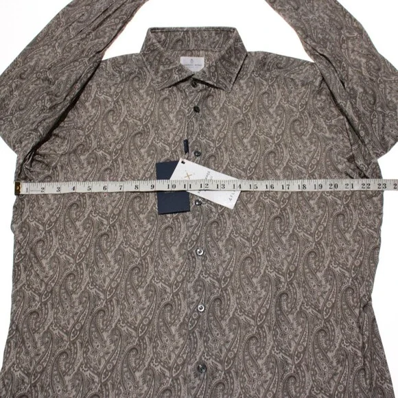 Emanuel Berg NWT Byron Casual Button Down Shirt Sz 42 16.5 L Taupe Brown Paisley